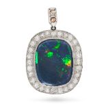 A BLACK OPAL AND DIAMOND PENDANT in platinum, set with a cushion-shaped black opal of approximate...