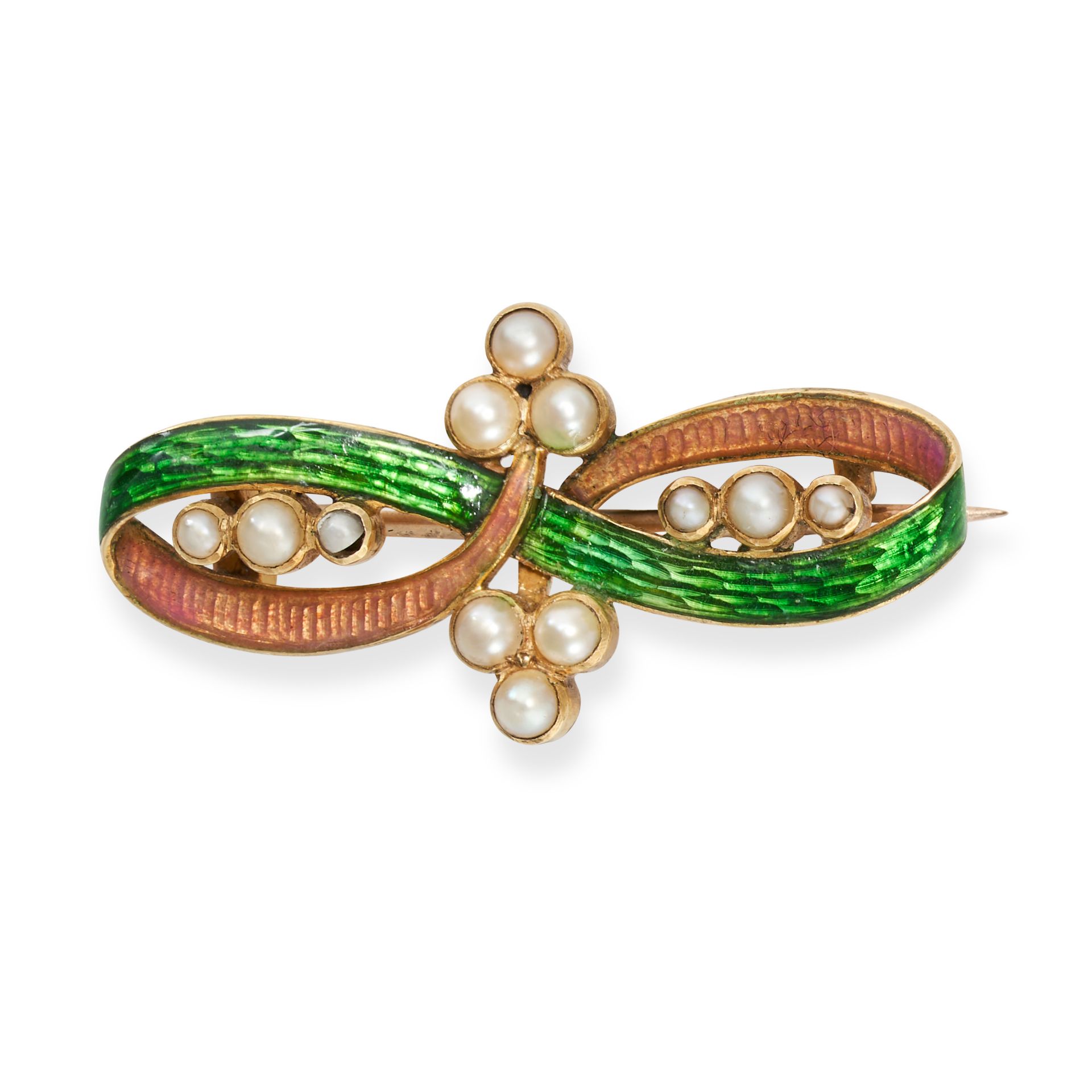 AN ANTIQUE PEARL AND ENAMEL BROOCH in yellow gold, the scrolling body decorated with pink and gre...