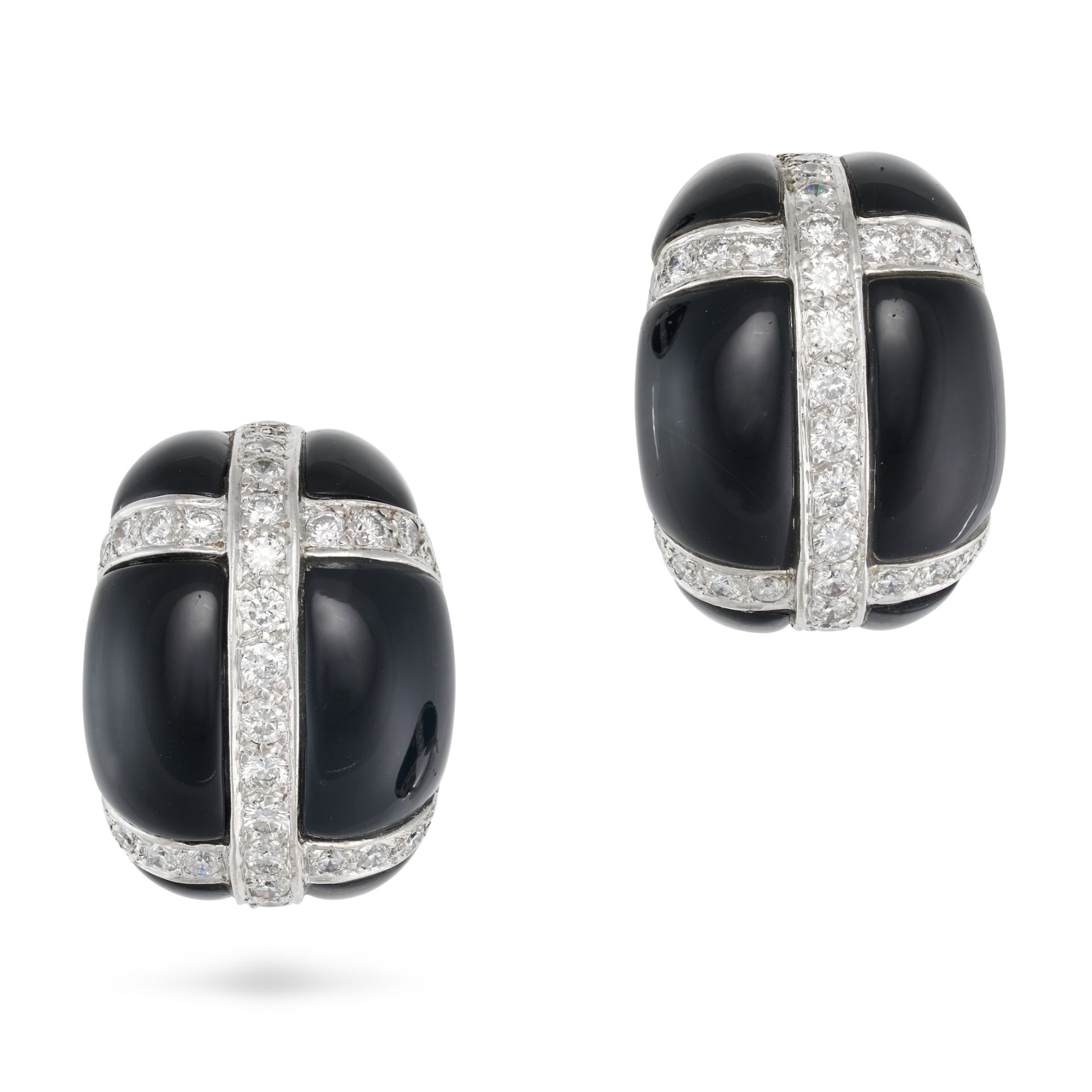 A PAIR OF ITALIAN ONYX AND DIAMOND EARRINGS in 18ct white gold, of modernist design with applied ...