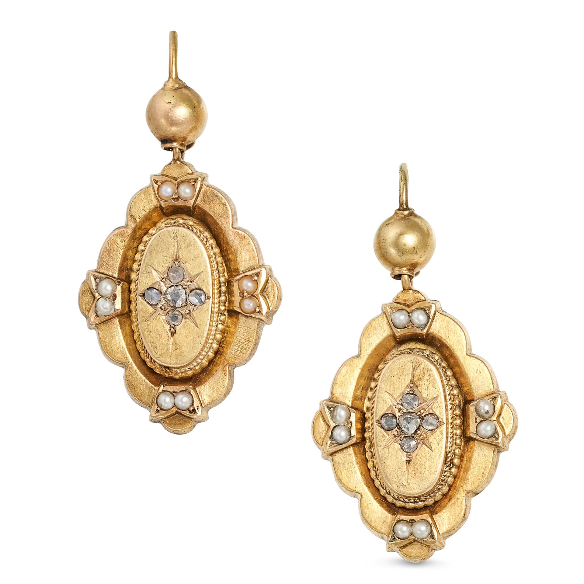 A PAIR OF ANTIQUE DIAMOND AND PEARL DROP EARRINGS, 19TH CENTURY in yellow gold, each comprising a...