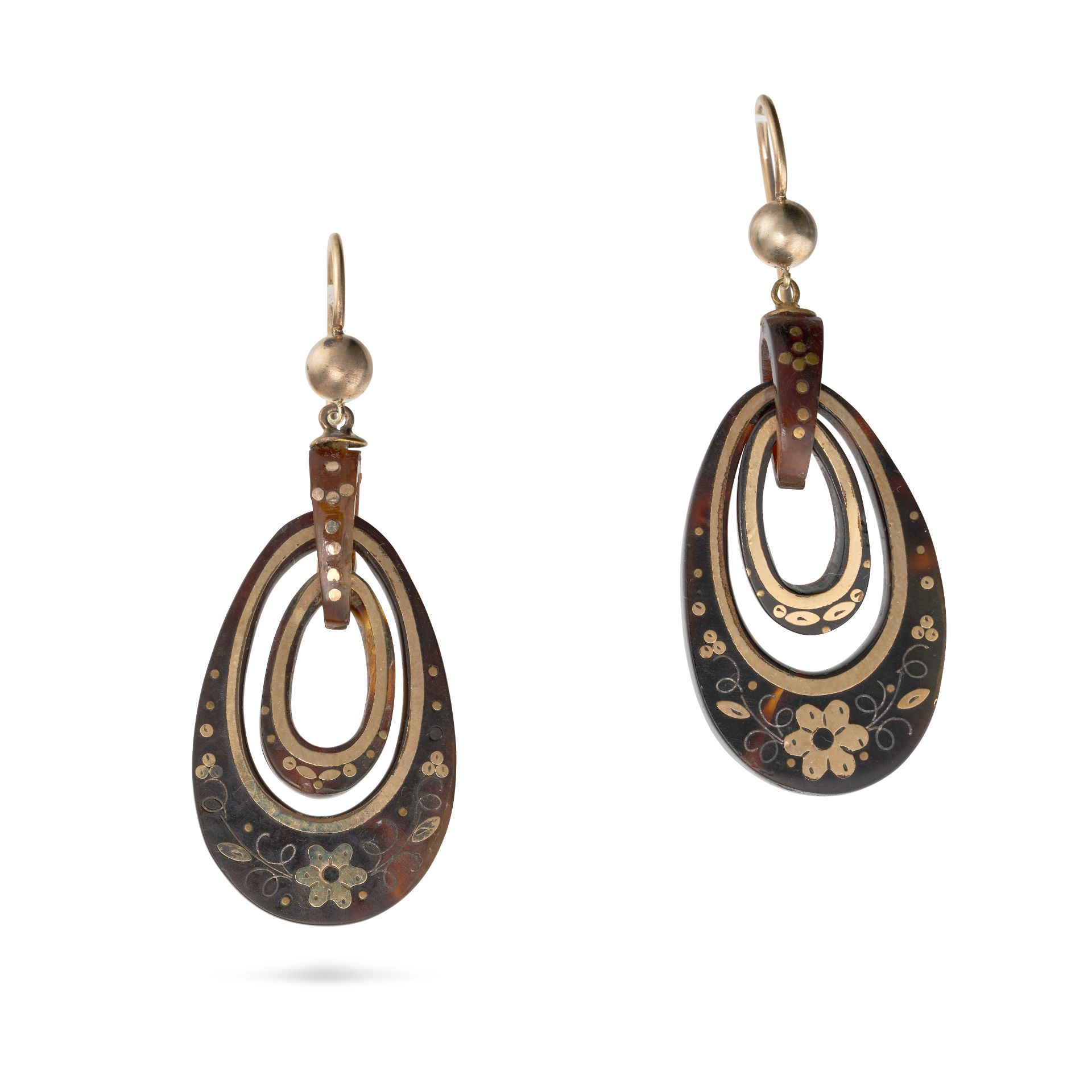 A PAIR OF ANTIQUE PIQUE TORTOISESHELL EARRINGS each suspending two tortoiseshell hoops inlaid wit...