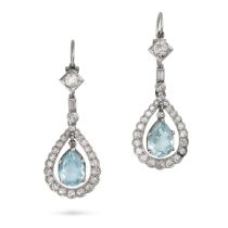 A PAIR OF AQUAMARINE AND DIAMOND EARRINGS in white gold and platinum, each set with an old cut di...