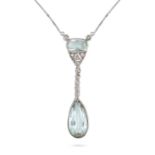 AN AQUAMARINE AND DIAMOND PENDANT NECKLACE in platinum and white gold, comprising an oval cut aqu...