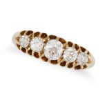 AN ANTIQUE FIVE STONE DIAMOND RING in 18ct yellow gold, set with five graduating old cut diamonds...