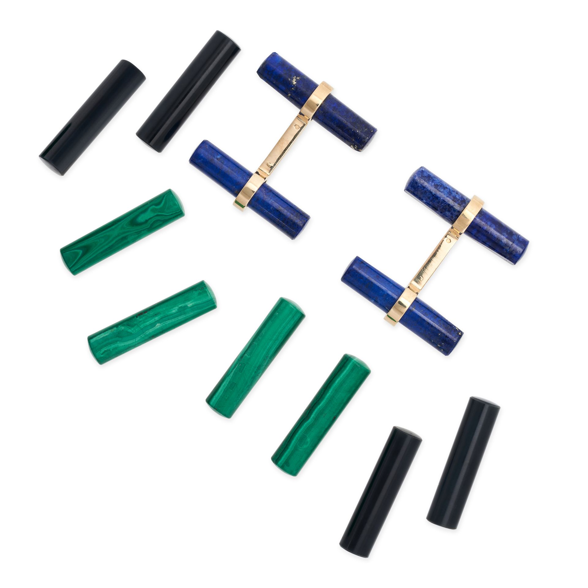 A PAIR OF INTERCHANGEABLE LAPIS LAZULI, ONYX AND MALACHITE CUFFLINKS in 18ct yellow gold, set wit...