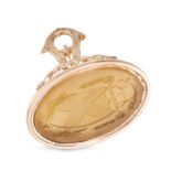 AN ANTIQUE AGATE INTAGLIO FOB SEAL in yellow gold, set with an agate intaglio carved to depict a ...