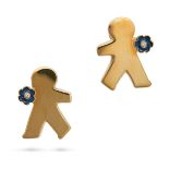 A PAIR OF DIAMOND AND ENAMEL FIGURE EARRINGS in 18ct yellow gold, each designed as a figure holdi...