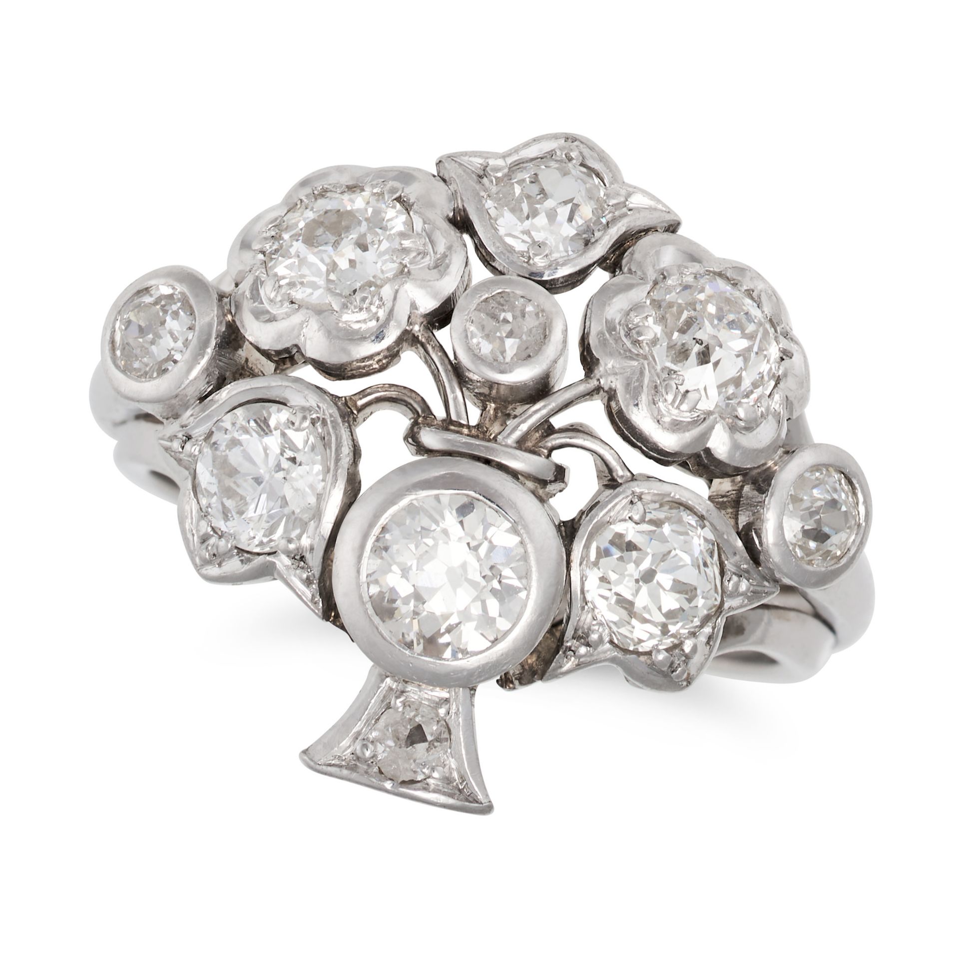 A DIAMOND GIARDINETTO RING in white gold, designed as a bouquet of flowers in a vase, set through...