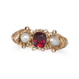 AN ANTIQUE GARNET AND PEARL RING in yellow gold, set with a cushion cut garnet accented on each s...