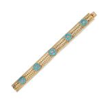 AN ANTIQUE TURQUOISE AND DIAMOND BRACELET in yellow gold, set with five domed clusters of round c...