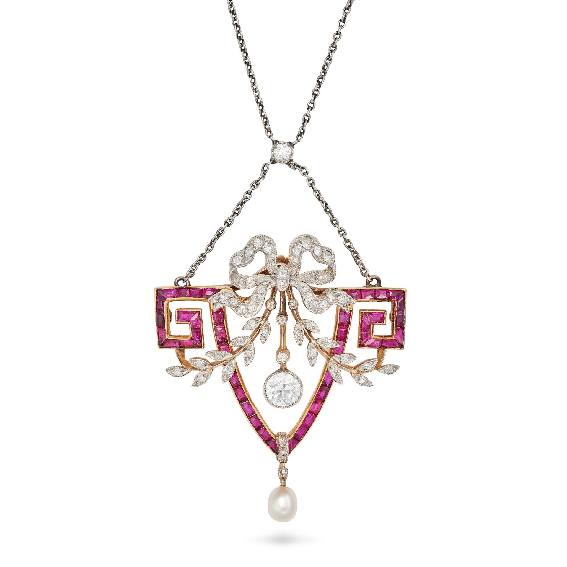 AN ANTIQUE BELLE EPOQUE DIAMOND, RUBY AND PEARL BROOCH / PENDANT NECKLACE in yellow gold and plat...