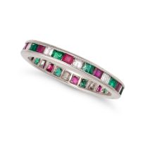 A DIAMOND, EMERALD AND RUBY ETERNITY RING in platinum, set all around with a row of alternating s...