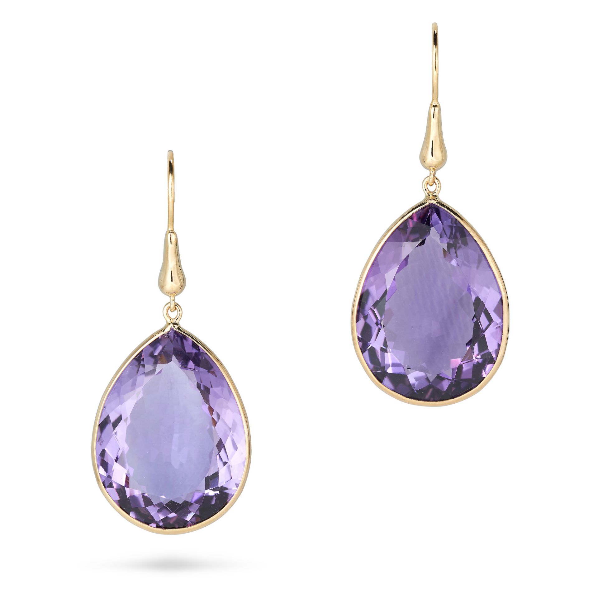 A PAIR OF AMETHYST DROP EARRINGS in 18ct yellow gold, each set with a pear cut amethyst, stamped ...