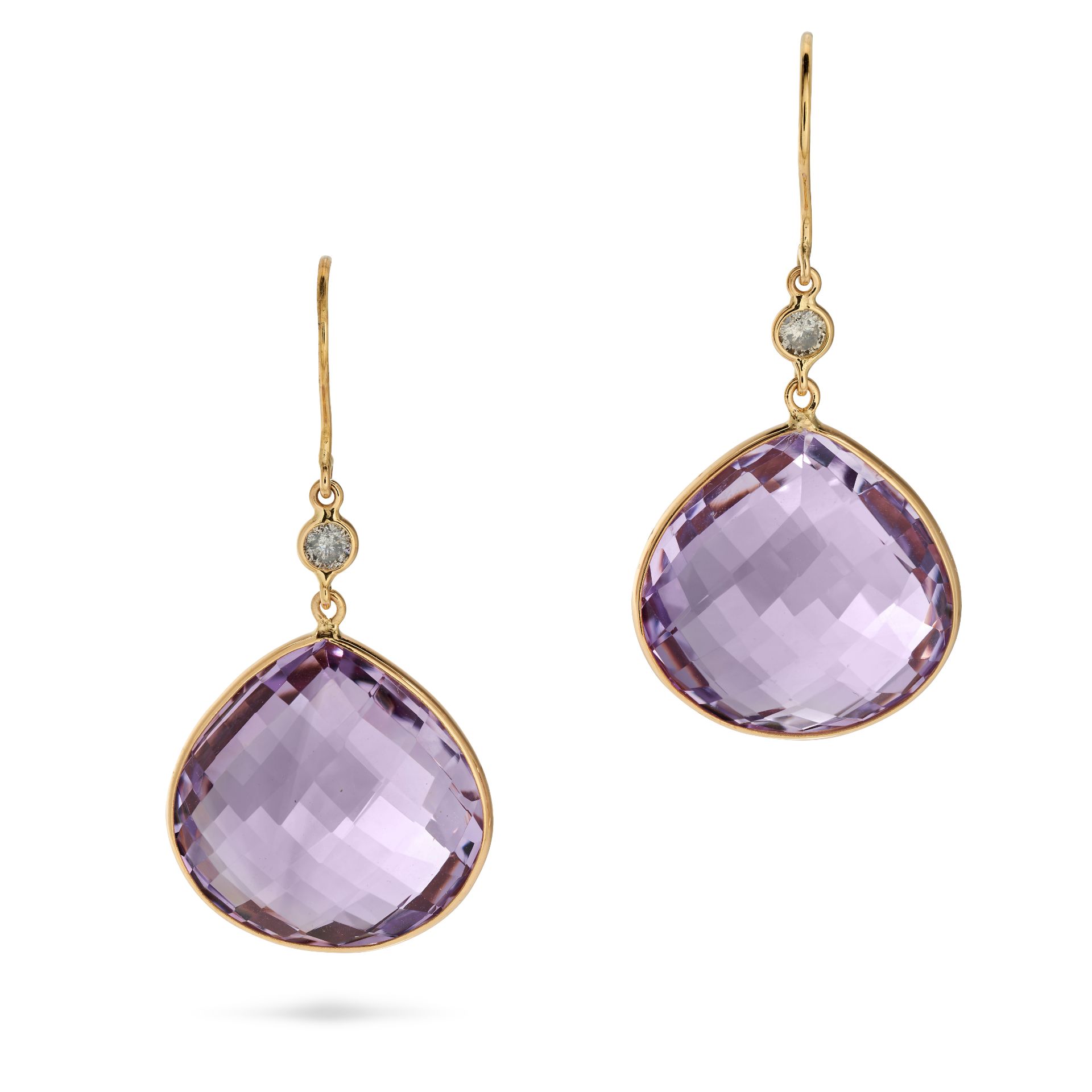 A PAIR OF AMETHYST AND DIAMOND DROP EARRINGS in 18ct yellow gold, each comprising a round cut dia...