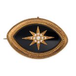 AN ANTIQUE ONYX AND PEARL BROOCH comprising a star set with seed pearls in an onyx surround, the ...