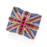 SOLANGE AZAGURY-PARTRIDGE, A SYNTHETIC RUBY AND ENAMEL UNION JACK RING in 18ct yellow gold, desig...