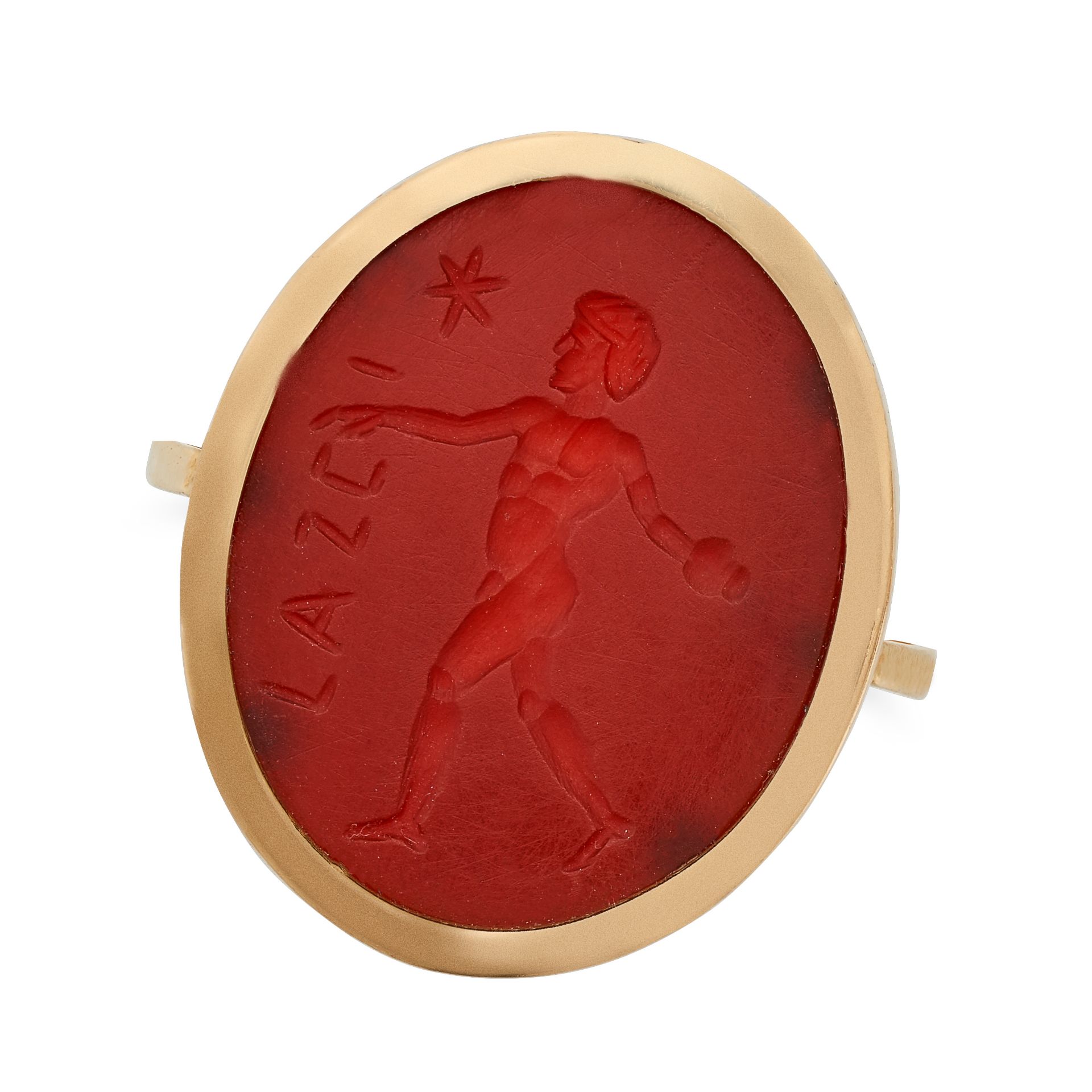AN ANTIQUE FRENCH CARNELIAN INTAGLIO RING in 18ct yellow gold, set with a carnelian intaglio carv...
