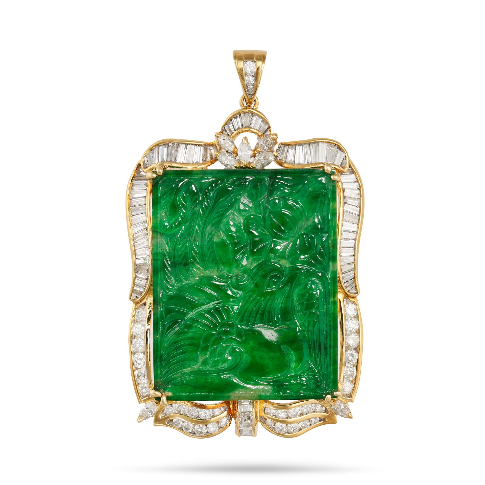 AN UNTREATED JADEITE JADE AND DIAMOND PENDANT in yellow gold, set with a rectangular carved jadei...