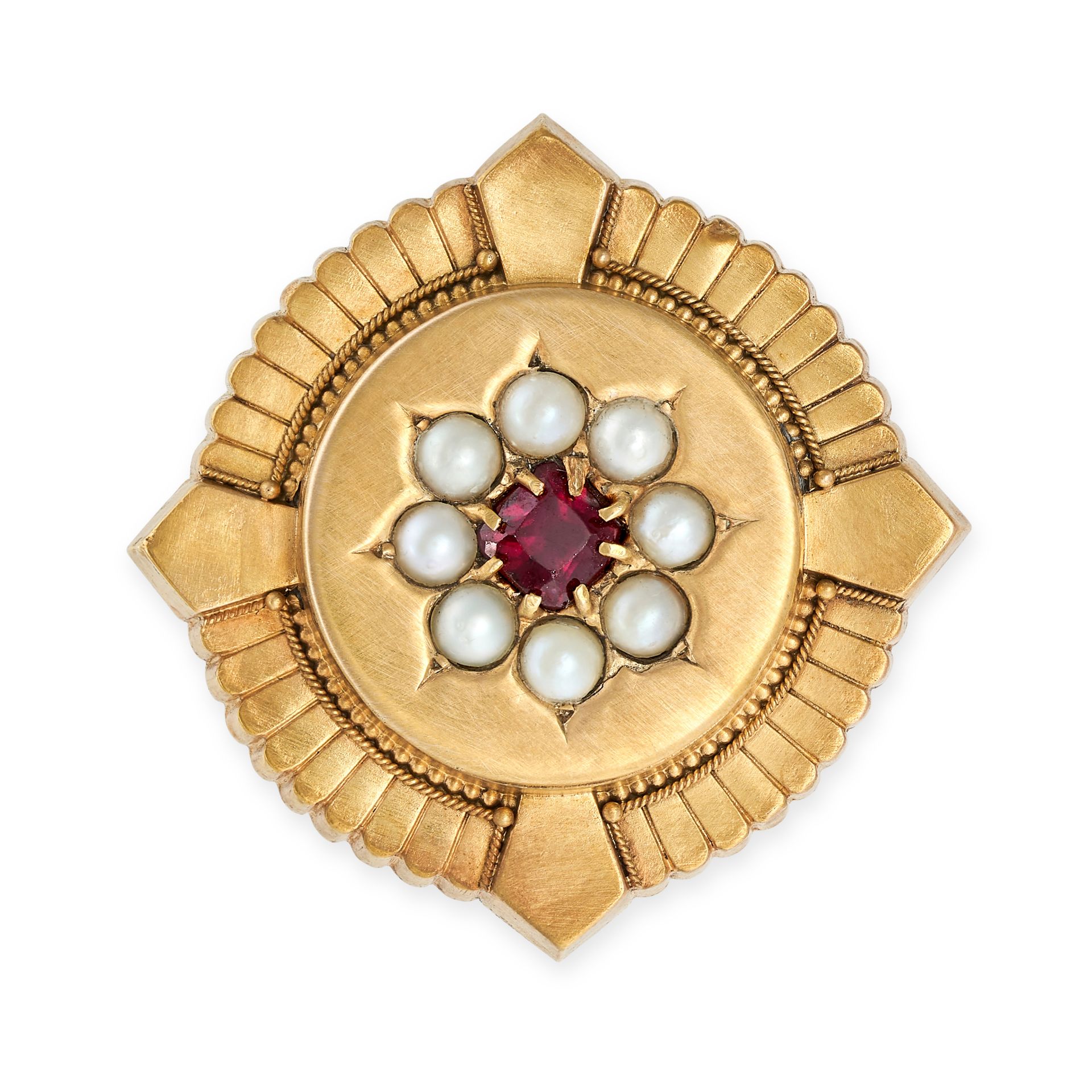 AN ANTIQUE GARNET AND PEARL ETRUSCAN REVIVAL LOCKET BROOCH in yellow gold, set with an octagonal ...