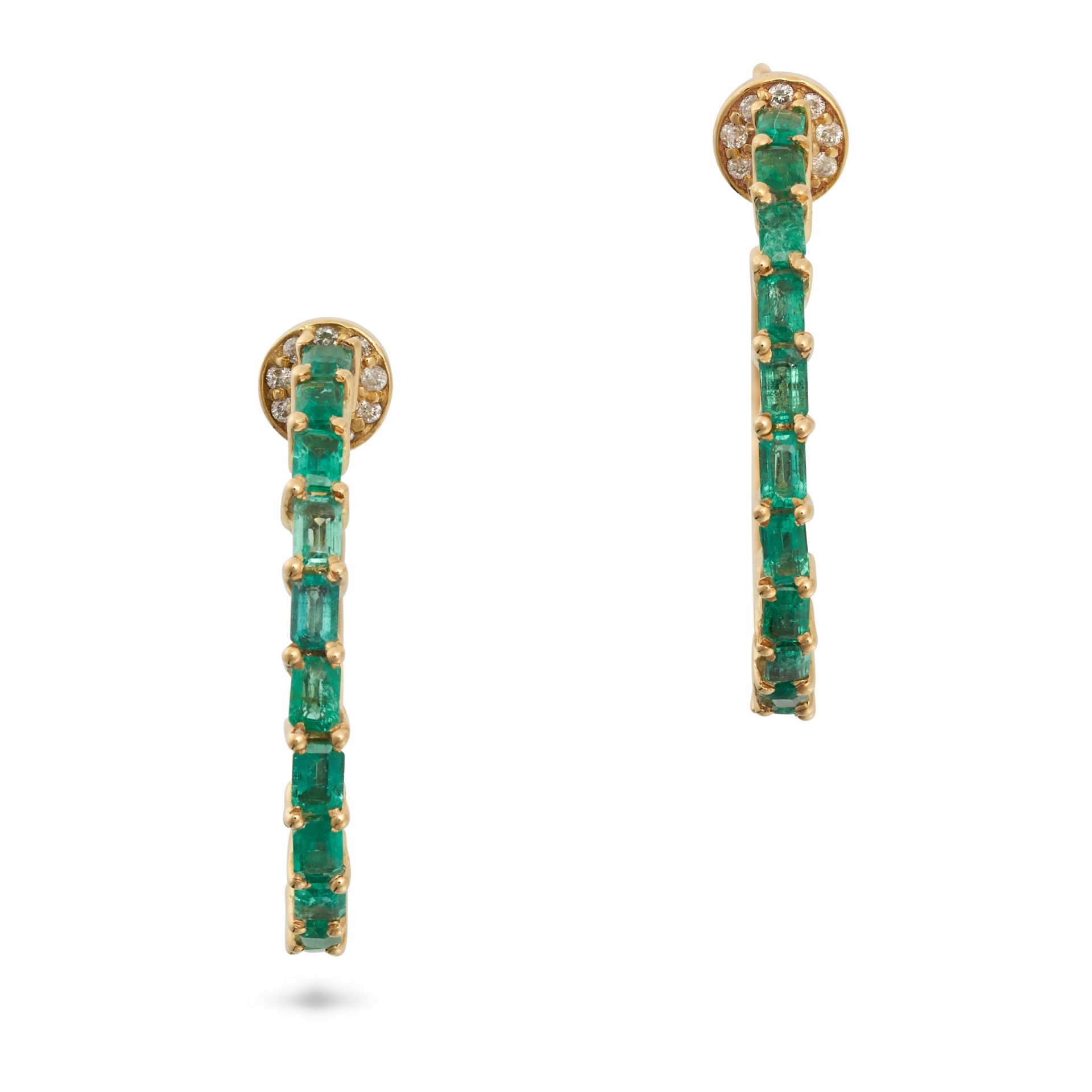 A PAIR OF EMERALD AND DIAMOND HOOP EARRINGS in 14ct yellow gold, set inside and out with a row of...