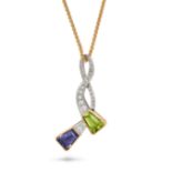 NO RESERVE - AN IOLITE, PERIDOT AND DIAMOND PENDANT NECKLACE in 18ct white and yellow gold, the s...