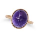 AN AMETHYST RING in 18ct yellow gold, set with an oval cabochon amethyst on a satin finish band, ...