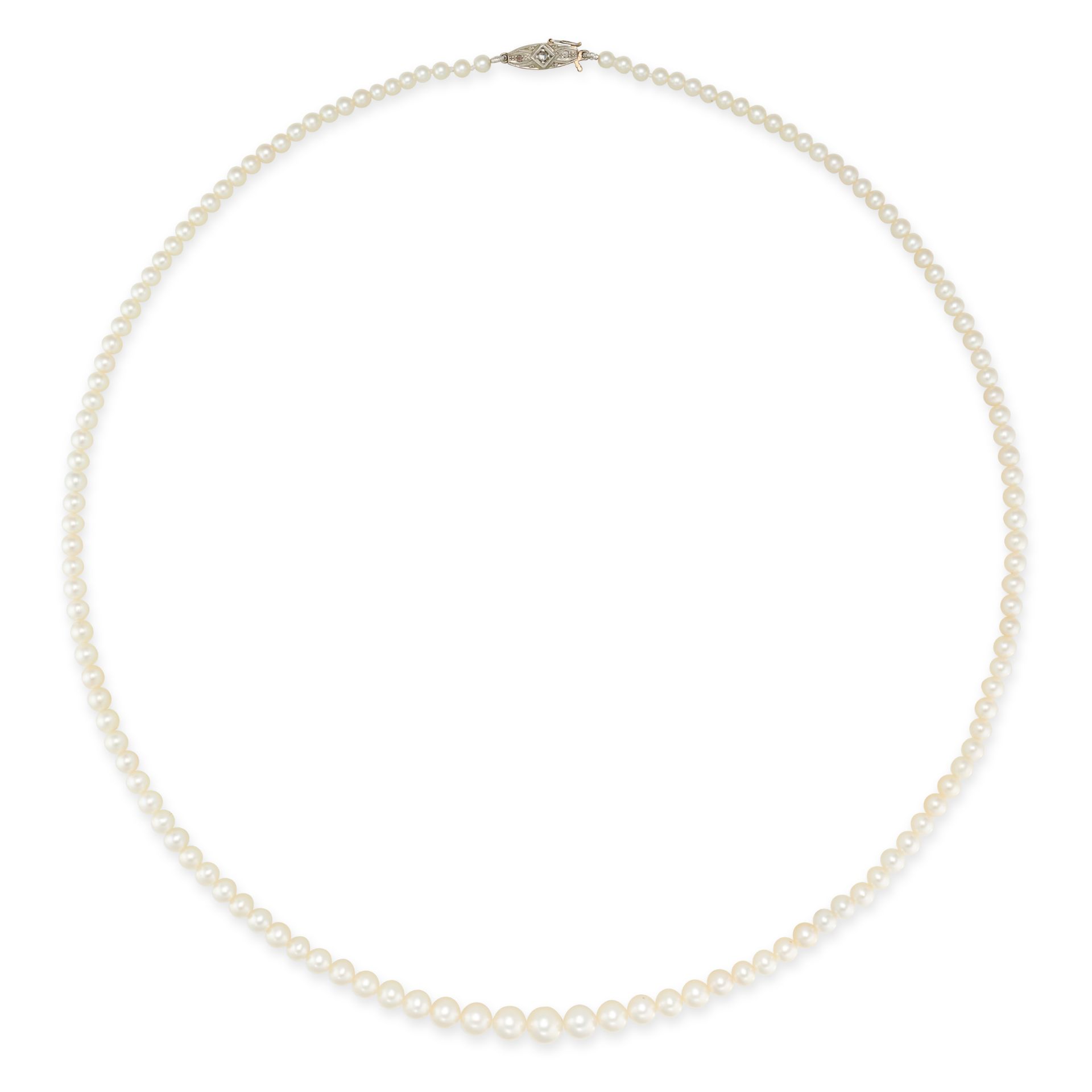 A NATURAL SALTWATER PEARL AND DIAMOND NECKLACE in yellow gold, comprising a single row of natural...