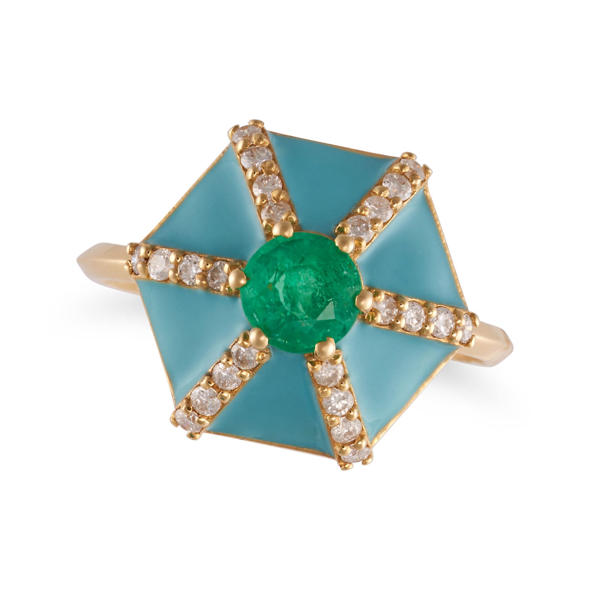 AN EMERALD, DIAMOND AND ENAMEL RING in 18ct yellow gold, set with a round cut emerald accented by...