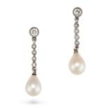 A PAIR OF NATURAL SALTWATER PEARL AND DIAMOND DROP EARRINGS each comprising a row of old cut diam...