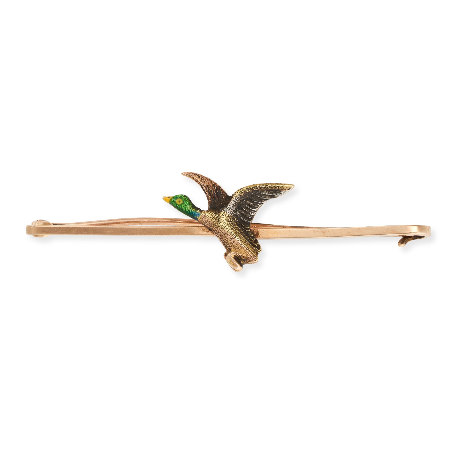 AN ANTIQUE ENAMEL DUCK BAR BROOCH in 15ct yellow gold and platinum, the bar with an applied duck ...