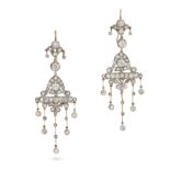A PAIR OF ANTIQUE DIAMOND DROP EARRINGS in yellow gold and silver, set throughout with old cut di...