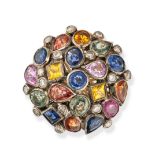 A MULTICOLOUR SAPPHIRE AND DIAMOND BOMBE RING in 14ct yellow gold, set with a cluster of oval cut...
