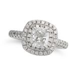 A DIAMOND ENGAGEMENT RING in platinum, set with a cushion cut diamond of 1.02 carats in two borde...