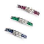 A SET OF THREE GEMSET STACKING RINGS in 18ct white gold, each set with a trio of princess cut dia...