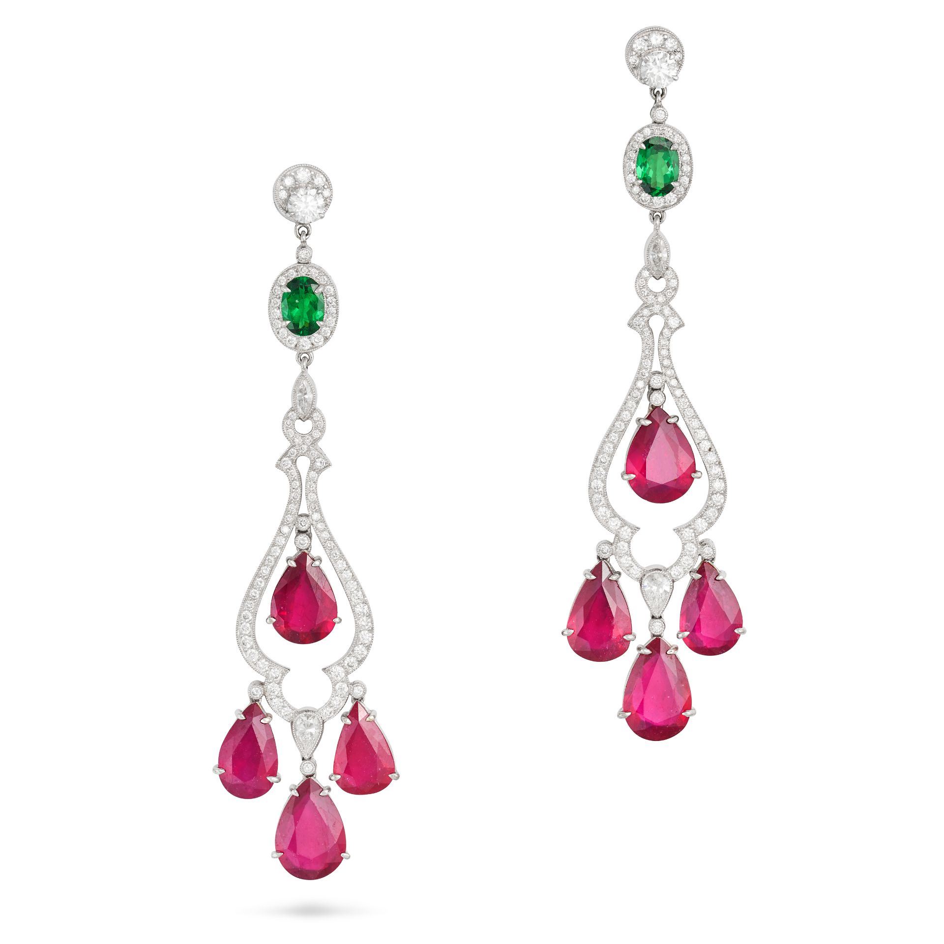 A PAIR OF TSAVORITE GARNET, DIAMOND AND GLASS FILLED RUBY CHANDELIER EARRINGS in 18ct white gold,...
