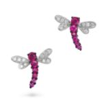 A PAIR OF RUBY AND DIAMOND DRAGONFLY EARRINGS in 18ct white gold, each designed as a dragonfly se...