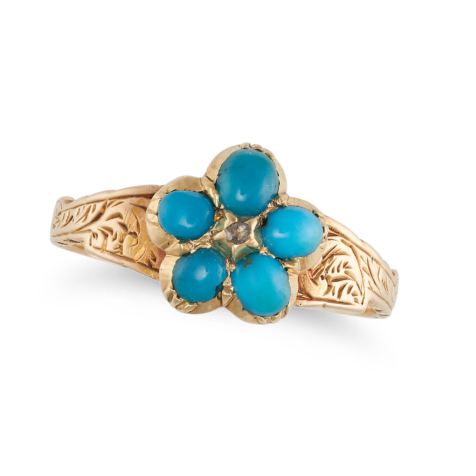 AN ANTIQUE BLUE GLASS AND DIAMOND FLOWER RING in yellow gold, set with a rose cut diamond in a cl...
