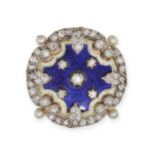AN ANTIQUE DIAMOND, PEARL AND ENAMEL BROOCH in 9ct yellow gold and silver, in circular form decor...