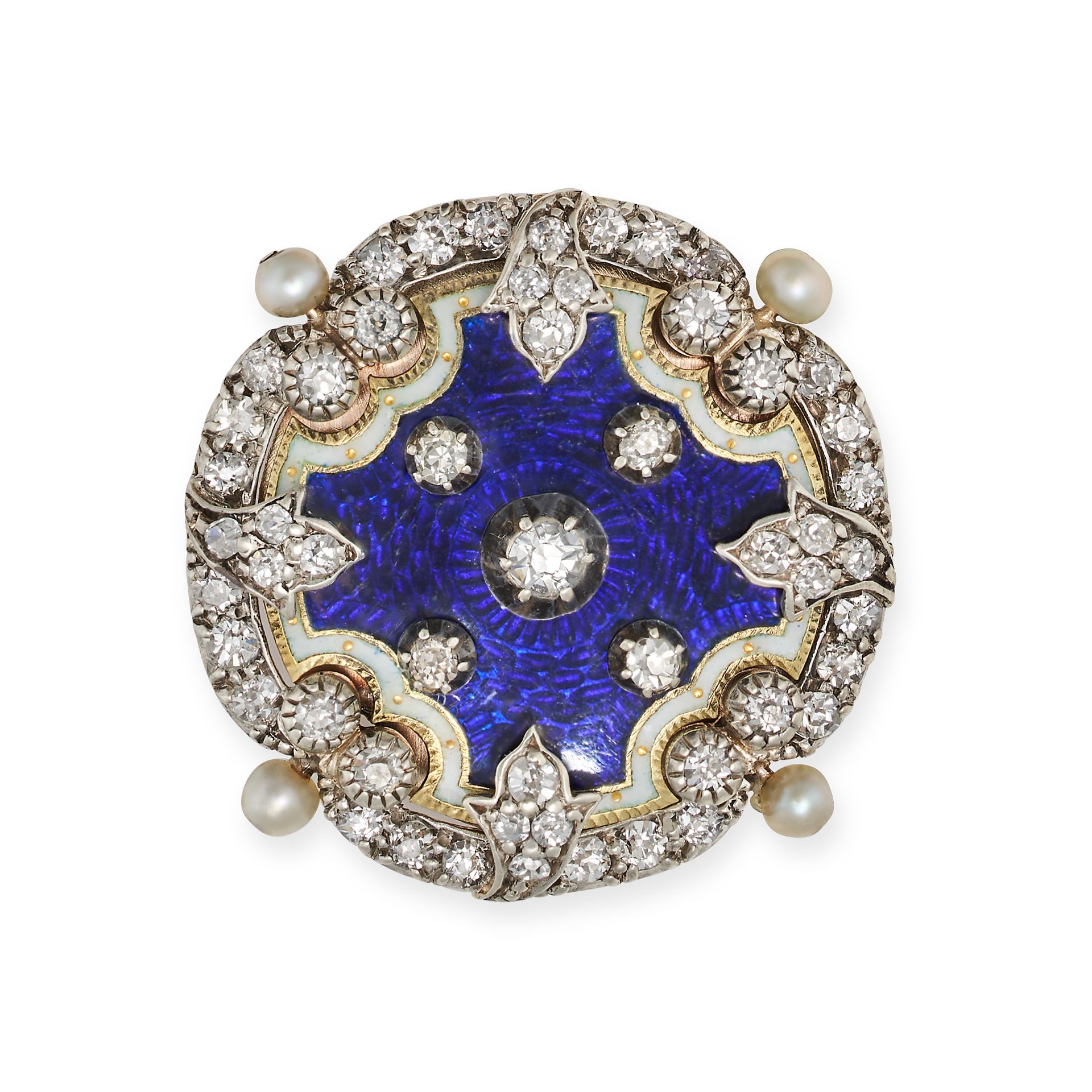 AN ANTIQUE DIAMOND, PEARL AND ENAMEL BROOCH in 9ct yellow gold and silver, in circular form decor...