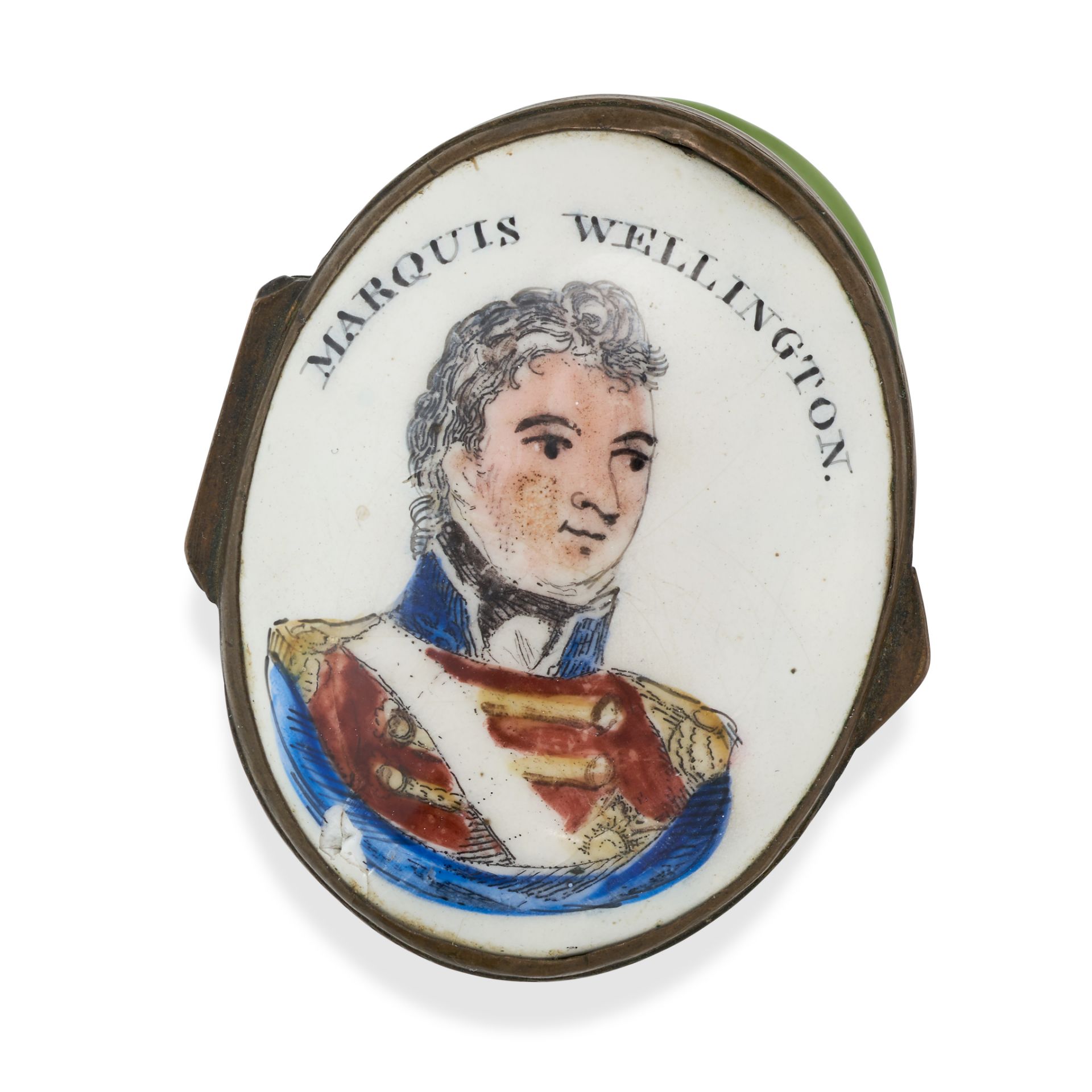 AN ANTIQUE DUKE OF WELLINGTON CERAMIC BOX the oval hinged box painted to depict The Duke of Welli...