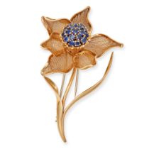 A VINTAGE FRENCH SAPPHIRE DAFFODIL BROOCH in 18ct yellow gold, set to the centre with a cluster o...