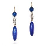 A PAIR OF DIAMOND AND ENAMEL DROP EARRINGS in yellow gold and silver, each comprising a bead deco...