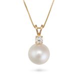 A DIAMOND AND PEARL PENDANT NECKLACE in 9ct yellow gold, the pendant set with a round brilliant c...