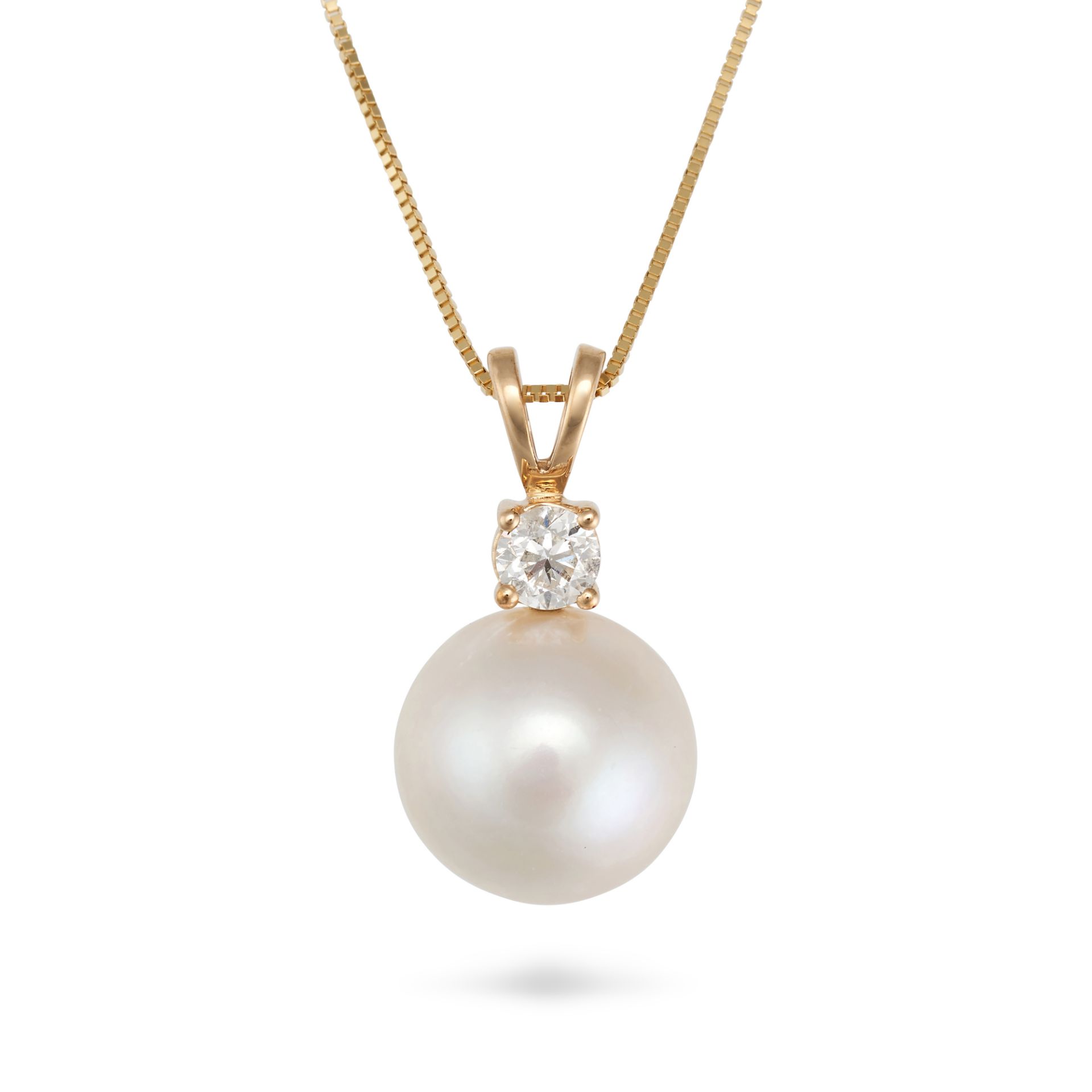 A DIAMOND AND PEARL PENDANT NECKLACE in 9ct yellow gold, the pendant set with a round brilliant c...