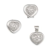 A DIAMOND HEART EARRINGS AND PENDANT SUITE in 18ct white gold, the earrings designed as a heart p...