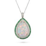 AN OPAL, TSAVORITE GARNET AND DIAMOND PENDANT NECKLACE in 18ct white gold, the pendant set with a...