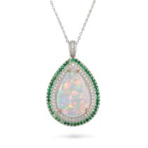 AN OPAL, TSAVORITE GARNET AND DIAMOND PENDANT NECKLACE in 18ct white gold, the pendant set with a...