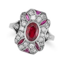 AN ANTIQUE EDWARDIAN BURMA NO HEAT RUBY AND DIAMOND RING in white gold, set with an oval cut ruby...