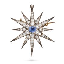 A SAPPHIRE AND DIAMOND STAR BROOCH / PENDANT in yellow gold and silver, designed as a twelve raye...
