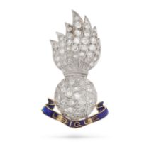 AN ANTIQUE DIAMOND AND ENAMEL ROYAL ARTILLERY BROOCH in white and yellow gold, designed as a gren...